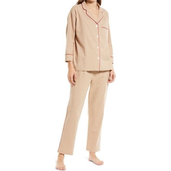 Sleepy Jones Marina Cotton Flannel Pajama Set Size Medium Camel Wine Piping - Picture 1 of 16